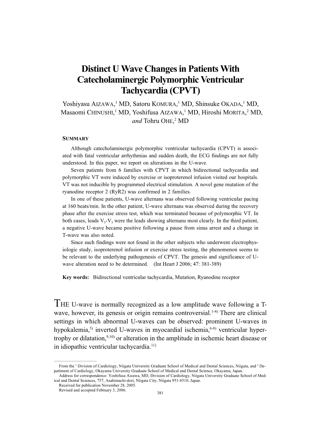 Distinct U Wave Changes in Patients with Catecholaminergic Polymorphic Ventricular Tachycardia (CPVT)