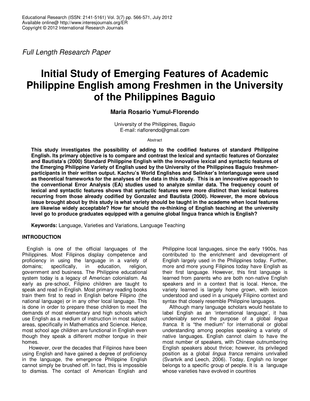 Initial Study of Emerging Features of Academic Philippine English Among Freshmen in the University of the Philippines Baguio