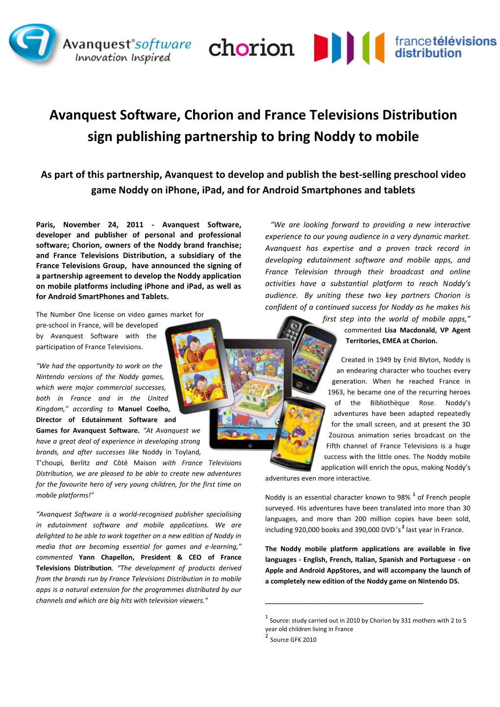 Avanquest Software, Chorion and France Televisions Distribution Sign Publishing Partnership to Bring Noddy to Mobile