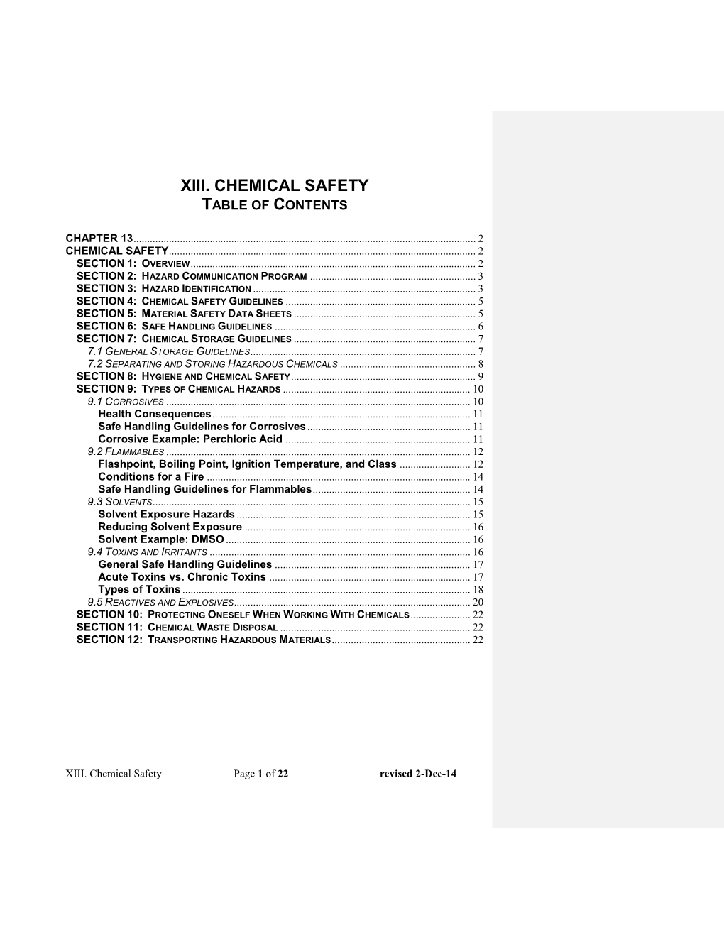 Xiii. Chemical Safety Table of Contents