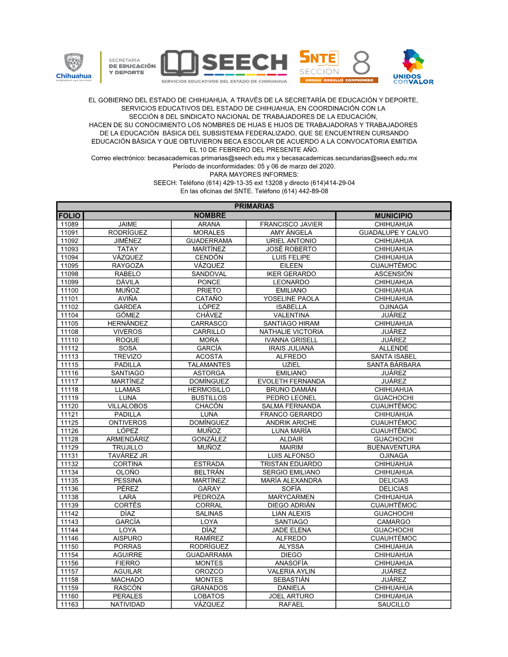 Folio Municipio Primarias Nombre