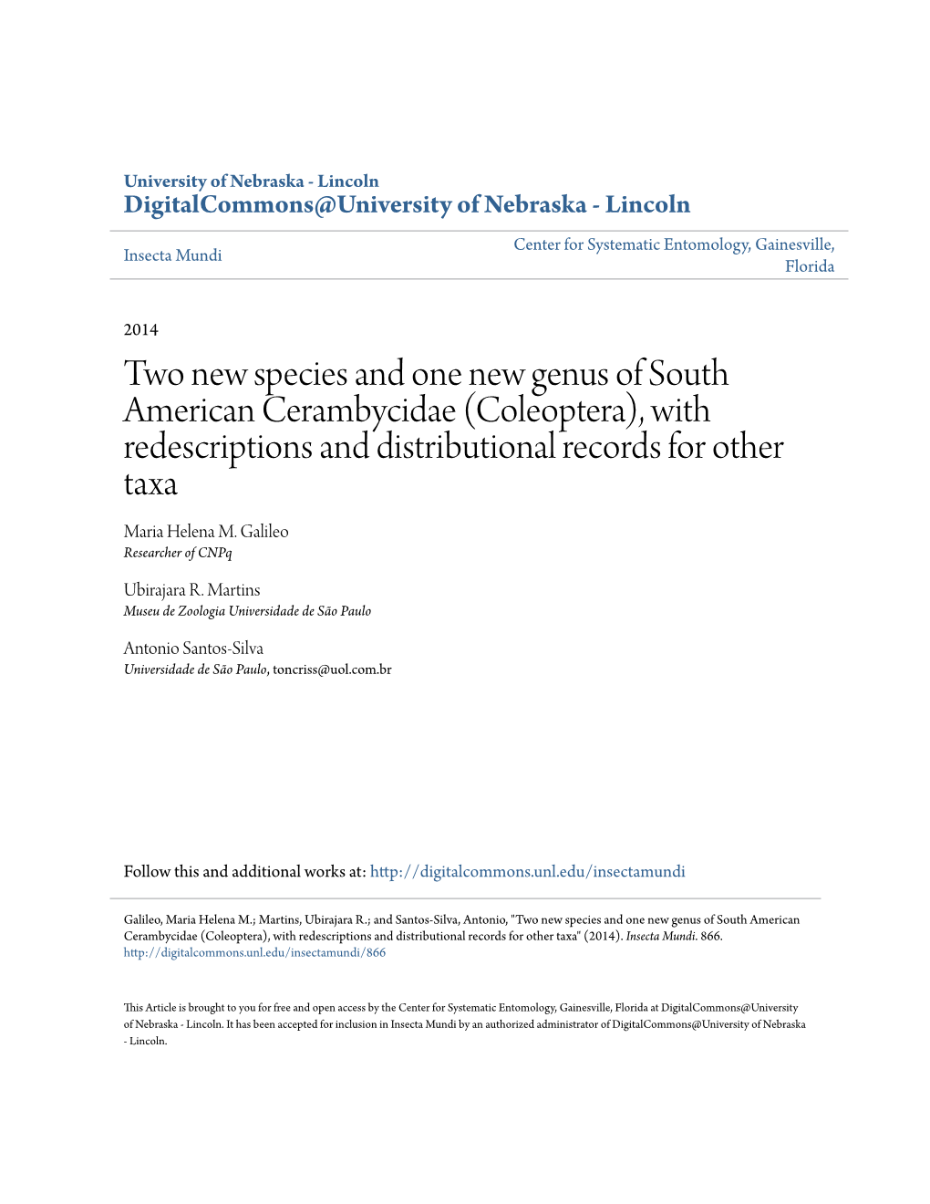 (Coleoptera), with Redescriptions and Distributional Records for Other Taxa Maria Helena M