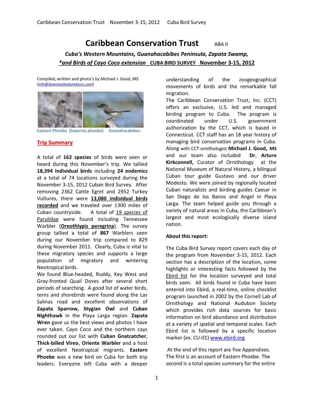 Caribbean Conservation Trust November 3-15, 2012 Cuba Bird Survey
