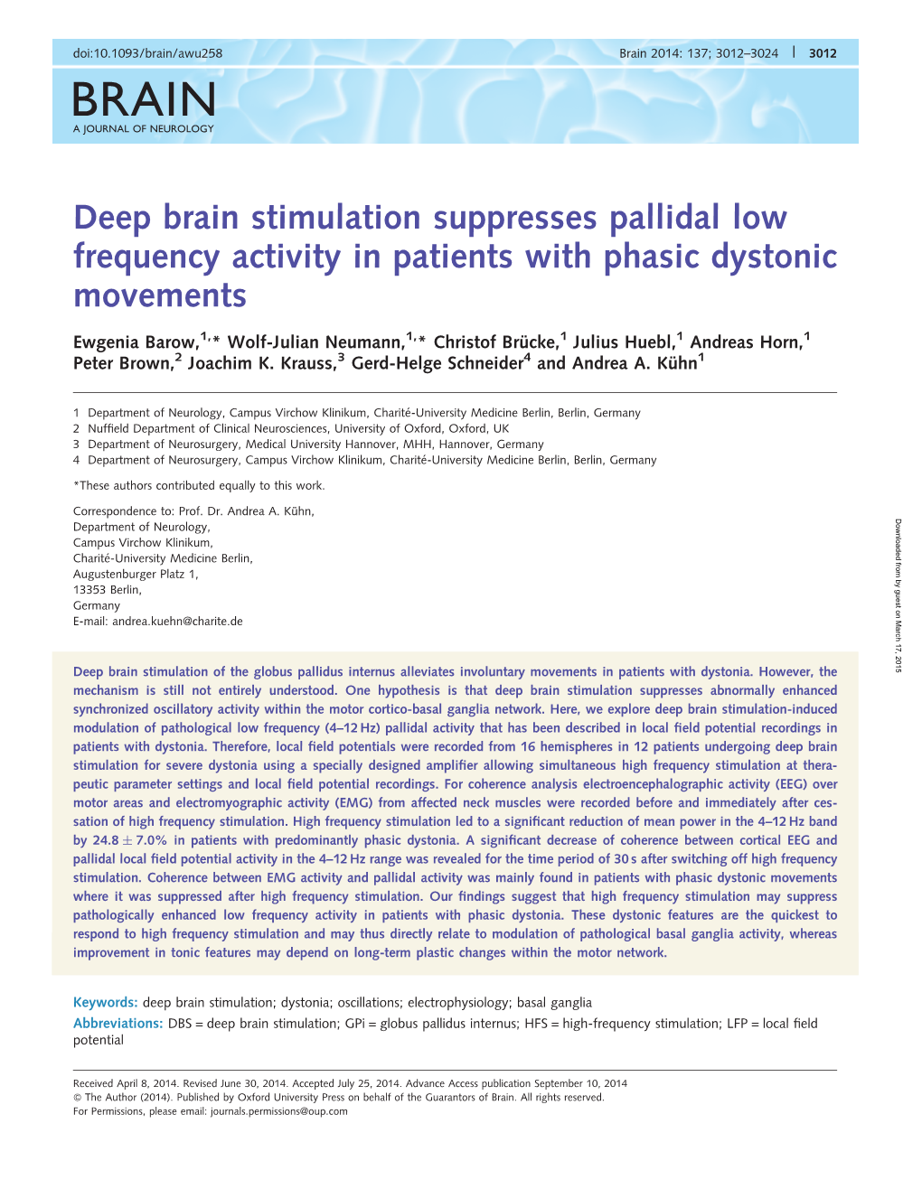 Deep Brain Stimulation Suppresses Pallidal Low Frequency Activity in Patients with Phasic Dystonic Movements