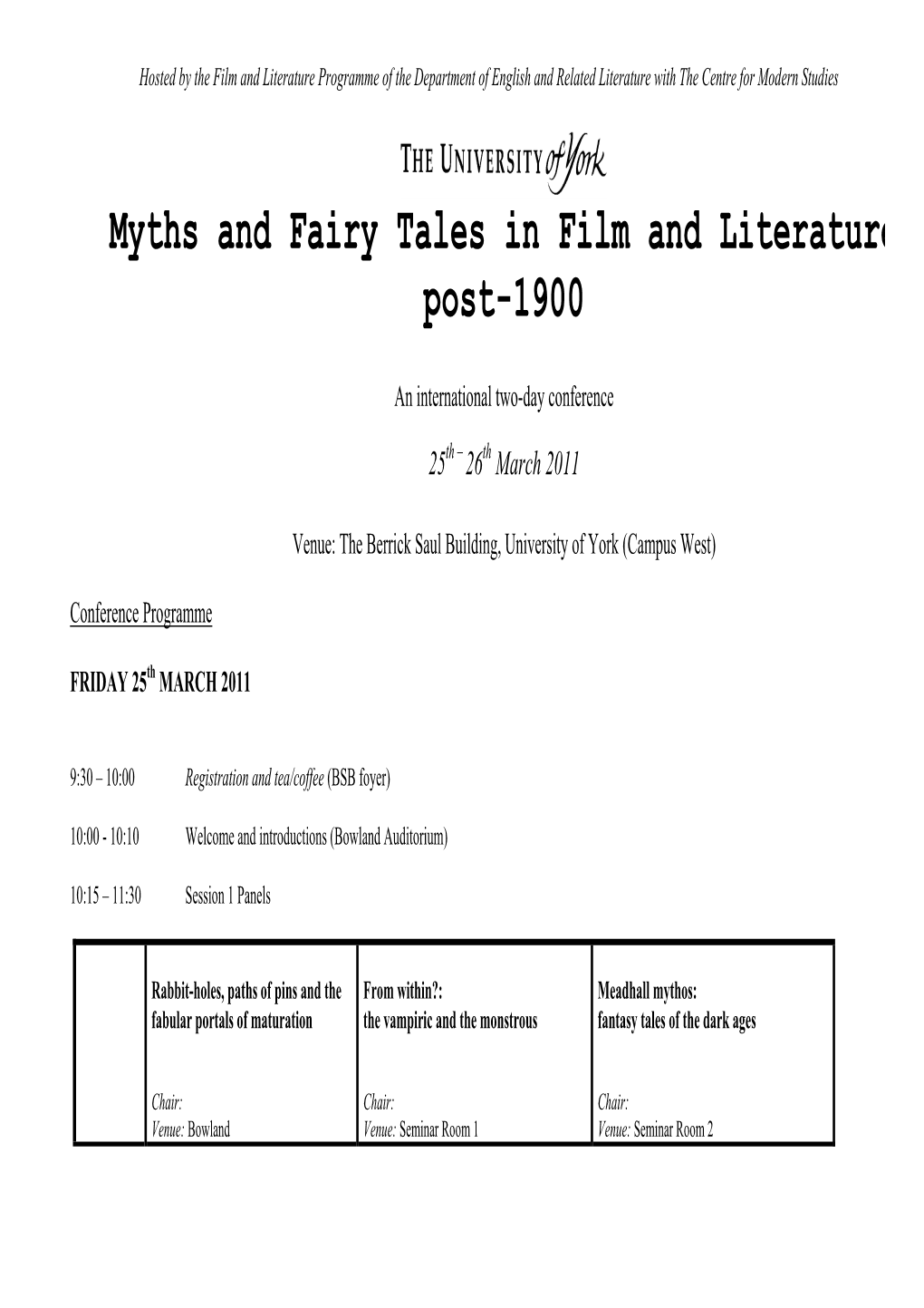 Myths and Fairy Tales in Film and Literature Post-1900