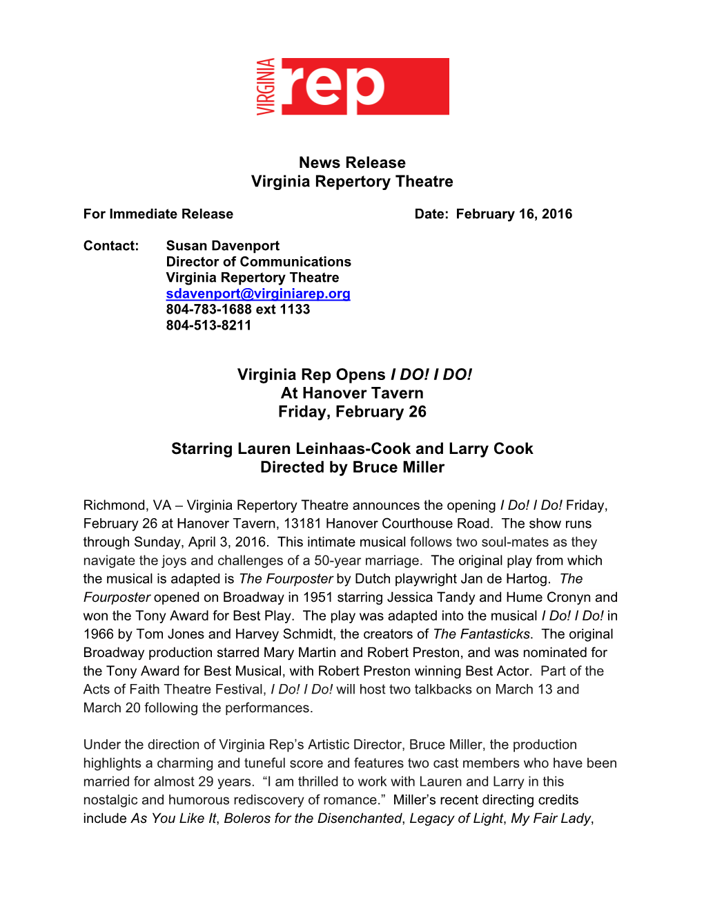 News Release Virginia Repertory Theatre Virginia Rep Opens I DO! I