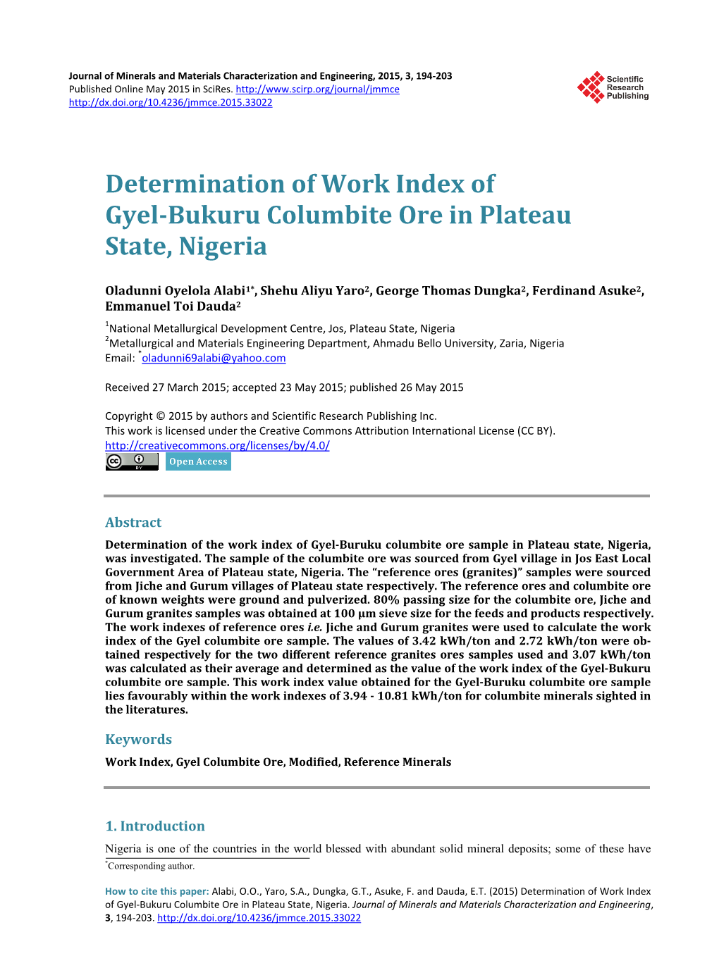 Determination of Work Index of Gyel-Bukuru Columbite Ore in Plateau State, Nigeria