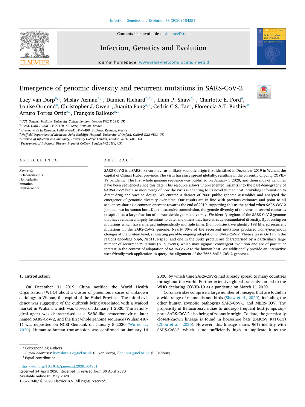 Emergence of Genomic Diversity and Recurrent Mutations in SARS-Cov-2 T ⁎ Lucy Van Dorpa, , Mislav Acmana,1, Damien Richardb,C,1, Liam P