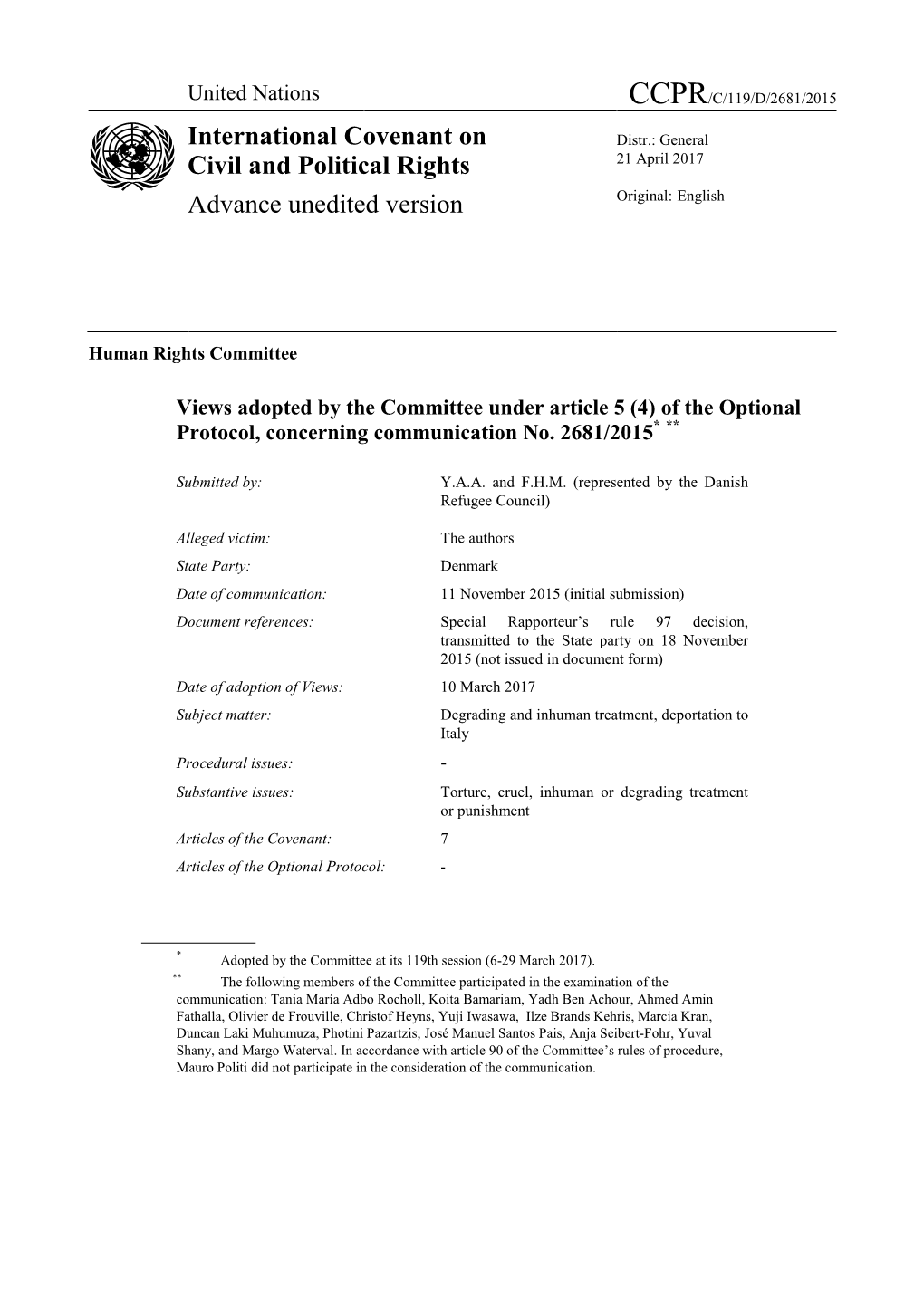 International Covenant on Civil and Political Rights Advance Unedited