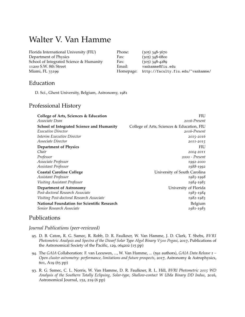 Walter V. Van Hamme: Curriculum Vitae