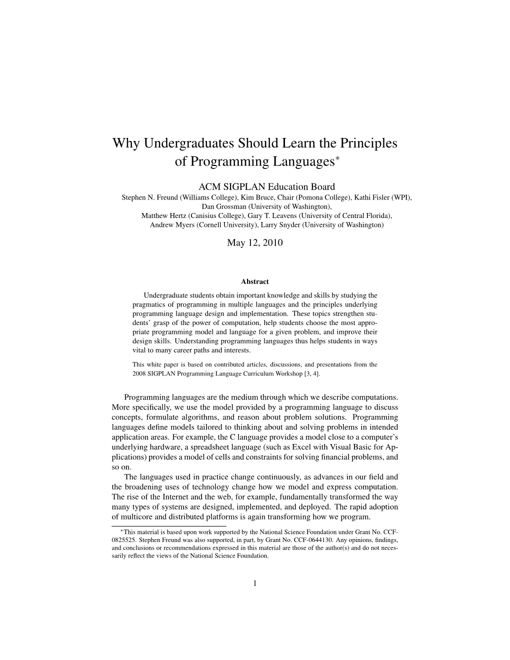 Why Undergraduates Should Learn the Principles of Programming Languages∗
