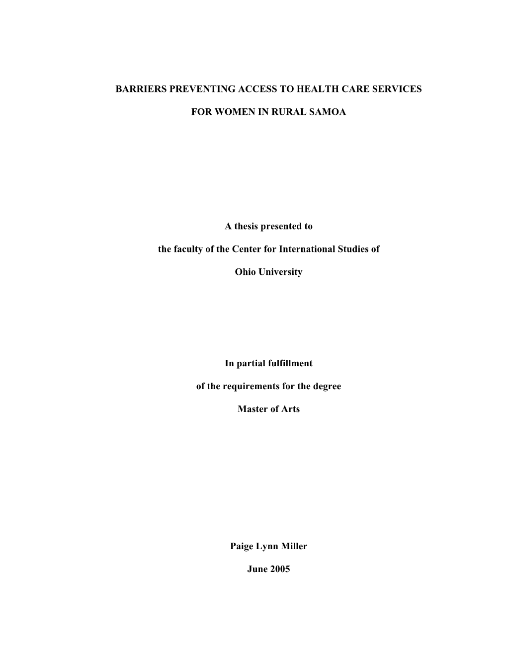 Accessibility of Health Care Services and Women's Health in Rural Samoa