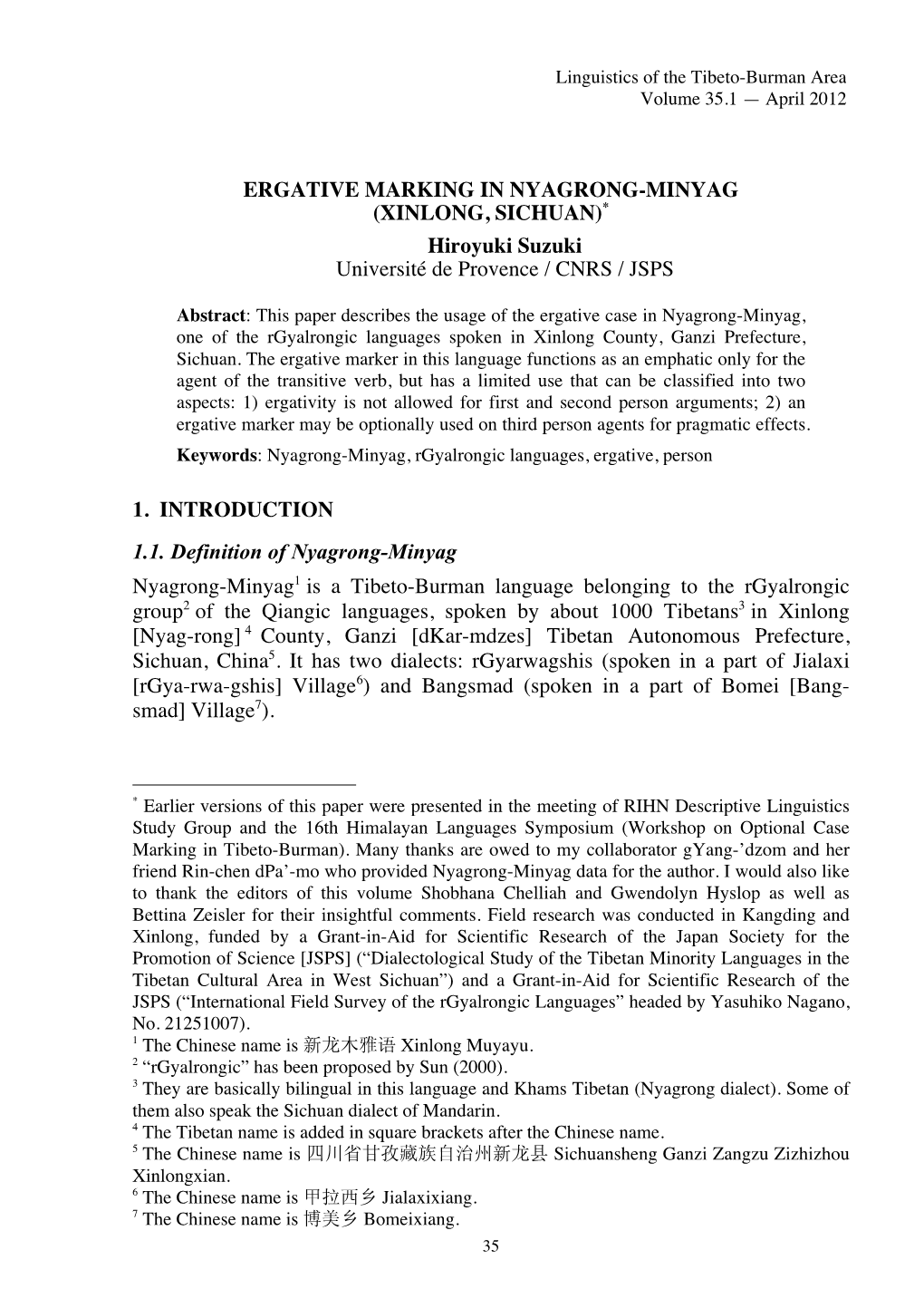 XINLONG, SICHUAN)* Hiroyuki Suzuki Université De Provence / CNRS / JSPS