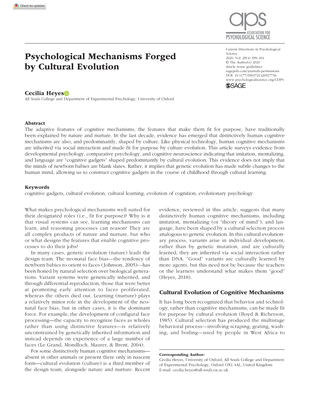 Psychological Mechanisms Forged by Cultural Evolution Research-Article9177362020