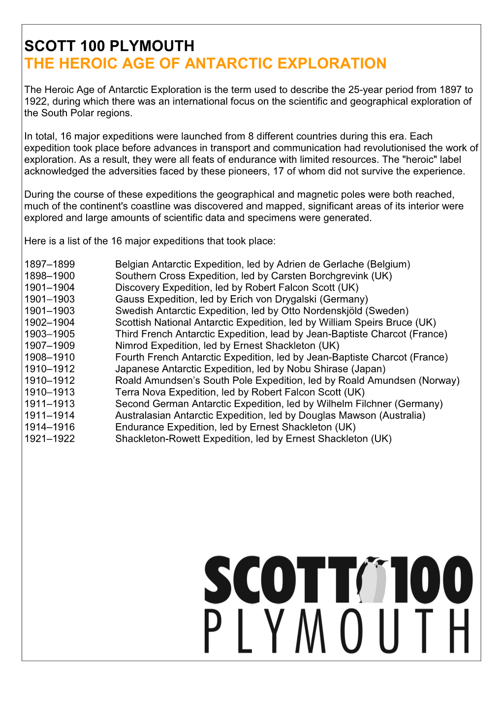 Scott 100 Plymouth the Heroic Age of Antarctic Exploration