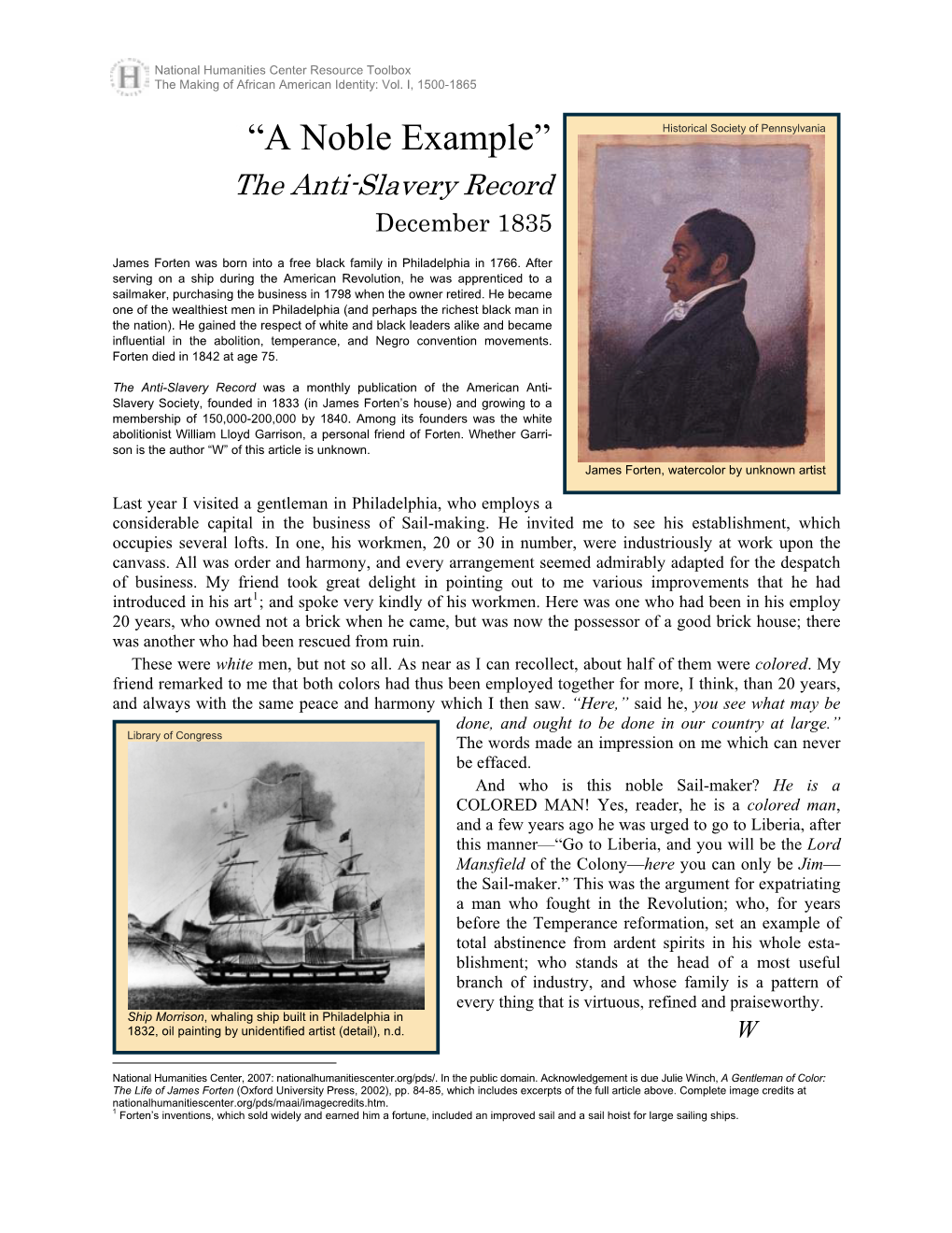 James Forten Was Born Into a Free Black Family in Philadelphia in 1766