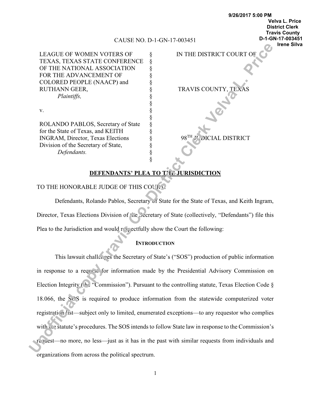 Unofficial Copy Travis Co. District Clerk Velva L. Price 1 Who Plaintiffs Chose Not to Include in This Lawsuit