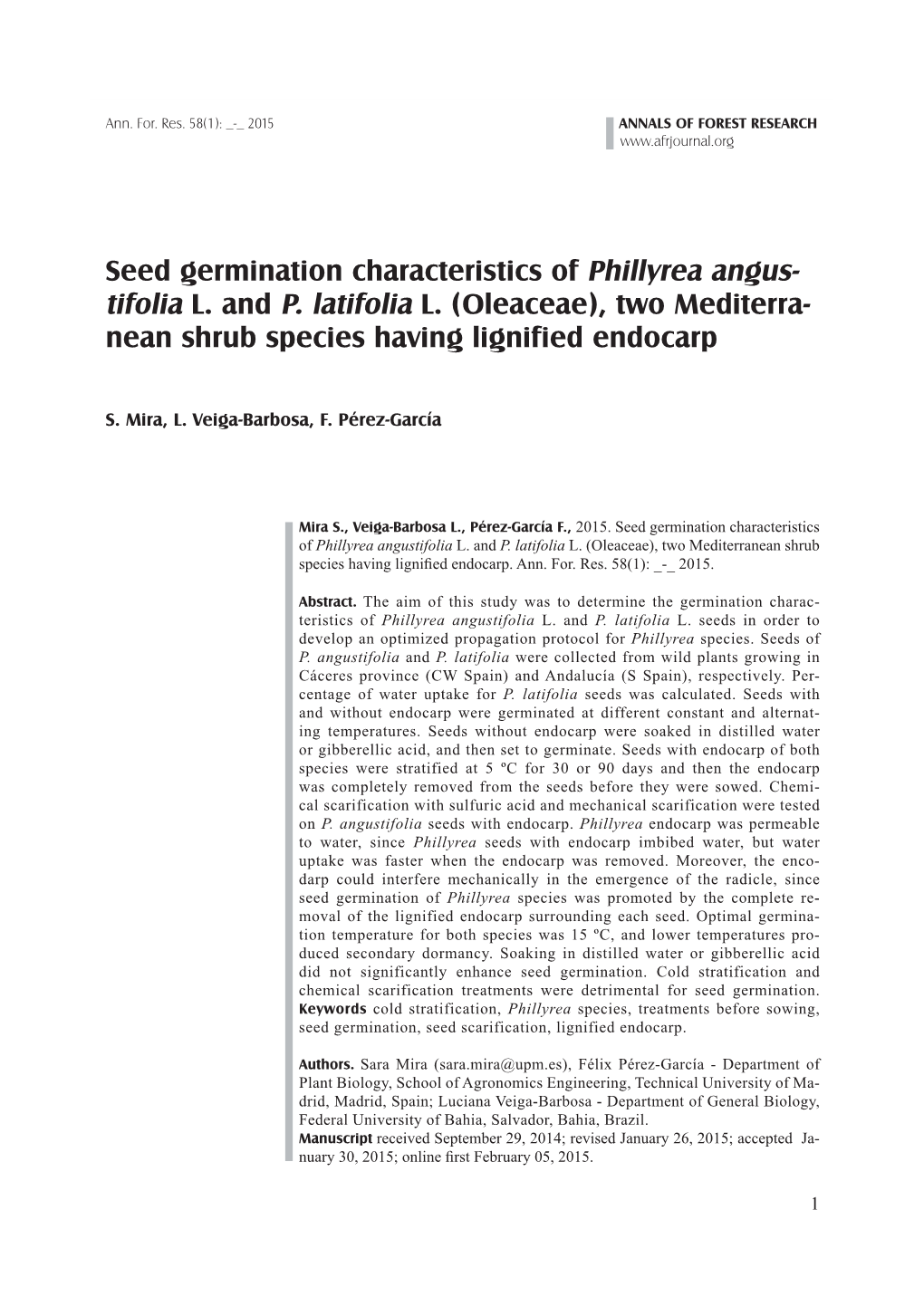 Seed Germination Characteristics of Phillyrea Angus- Tifolia L