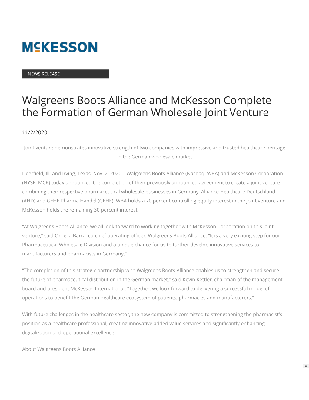 Walgreens Boots Alliance and Mckesson Complete the Formation of German Wholesale Joint Venture