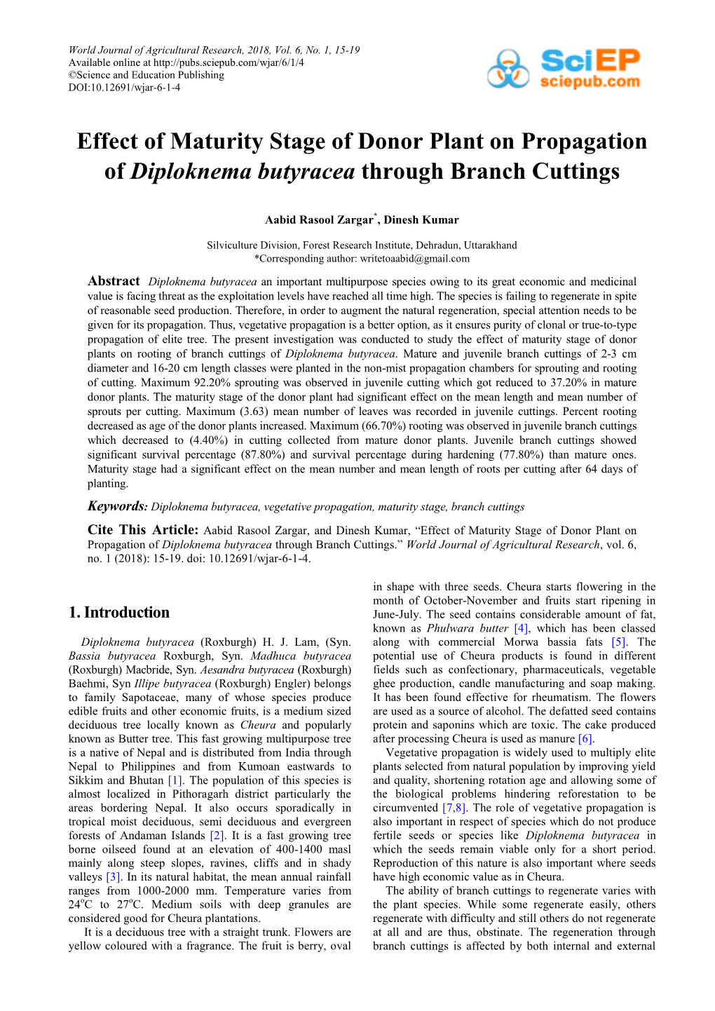 Effect of Maturity Stage of Donor Plant on Propagation of Diploknema Butyracea Through Branch Cuttings