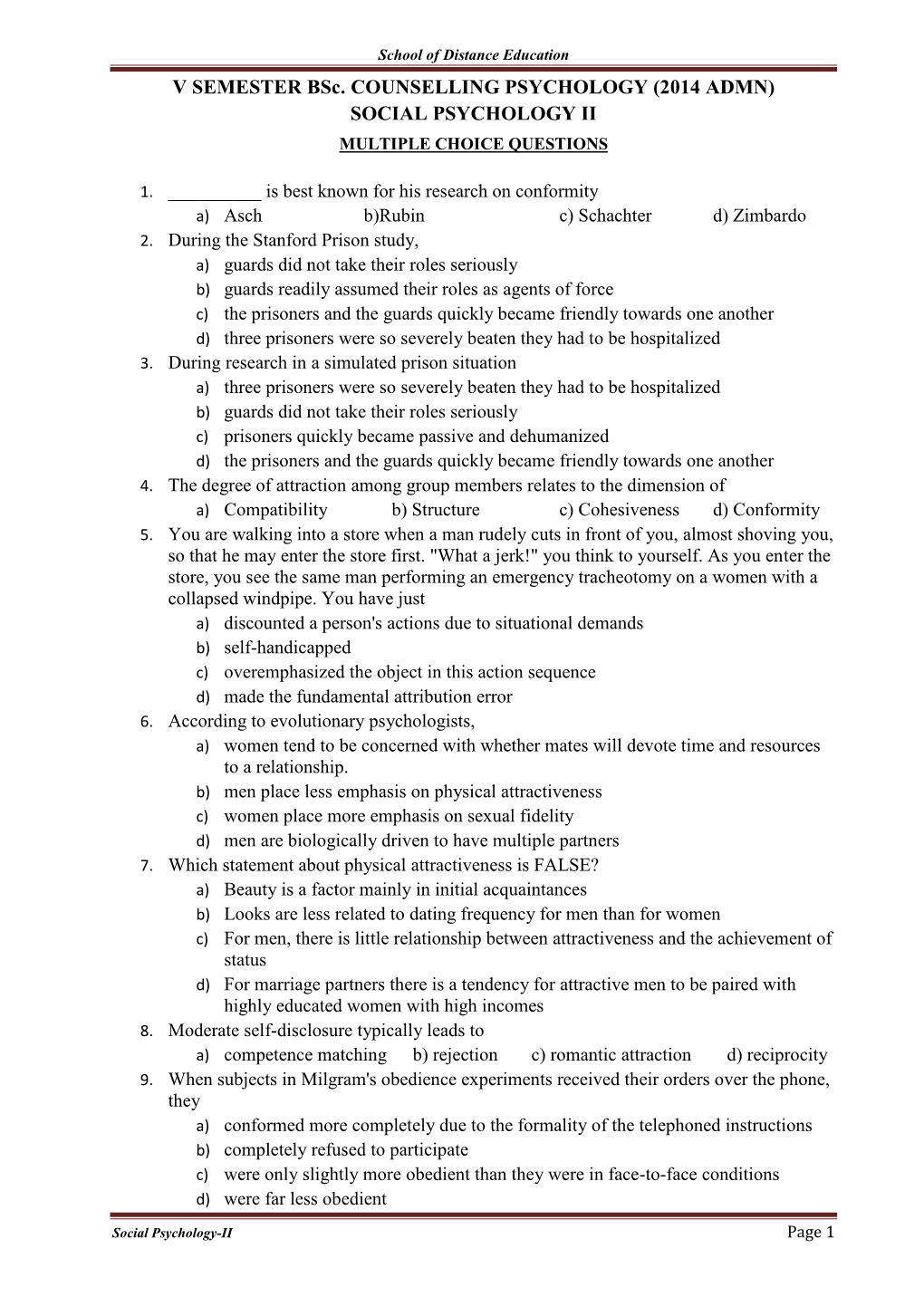 Social Psychology Ii Multiple Choice Questions