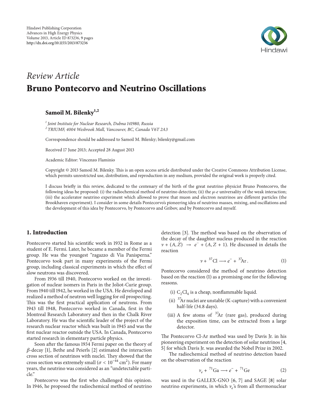 Review Article Bruno Pontecorvo and Neutrino Oscillations