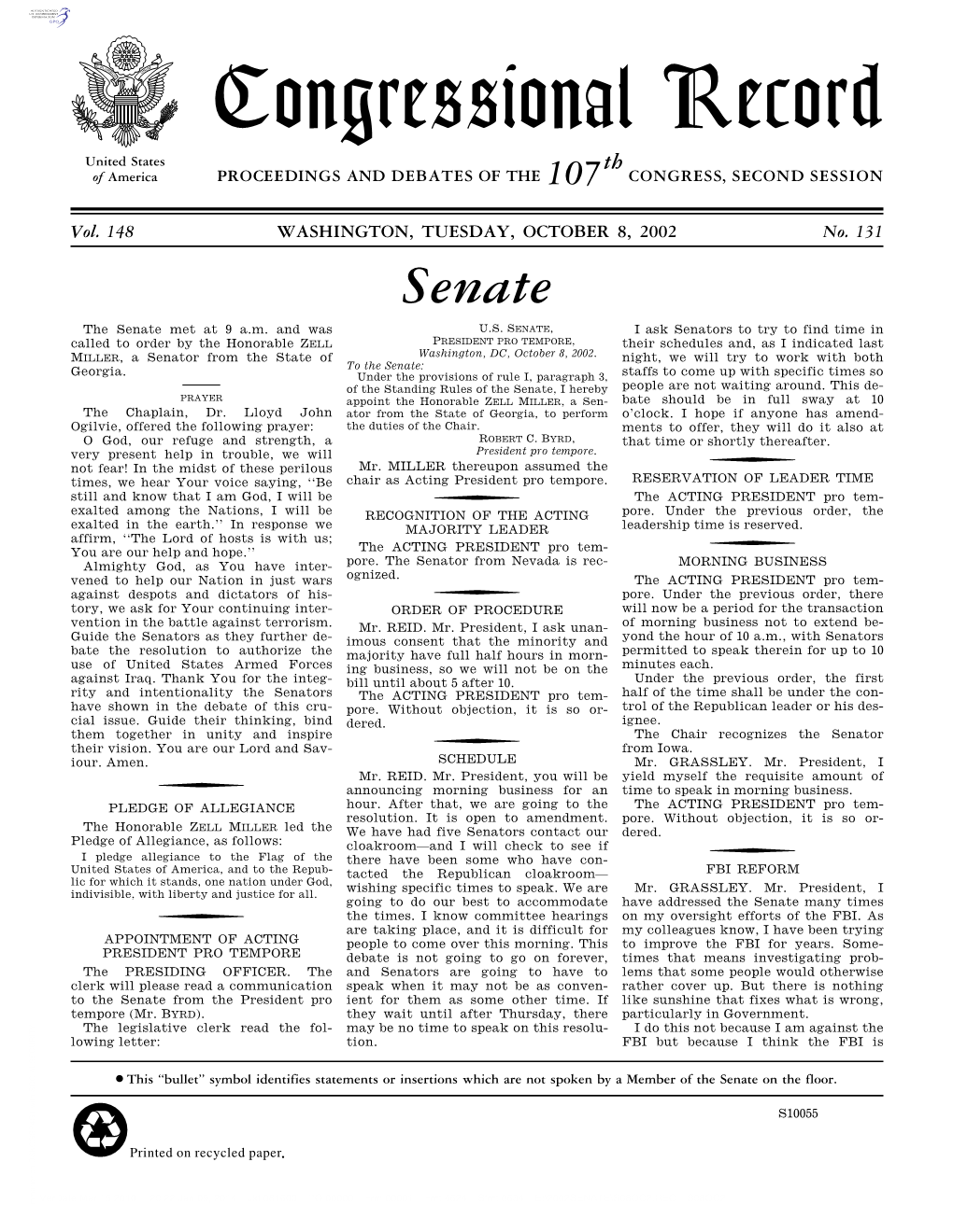 Congressional Record United States Th of America PROCEEDINGS and DEBATES of the 107 CONGRESS, SECOND SESSION