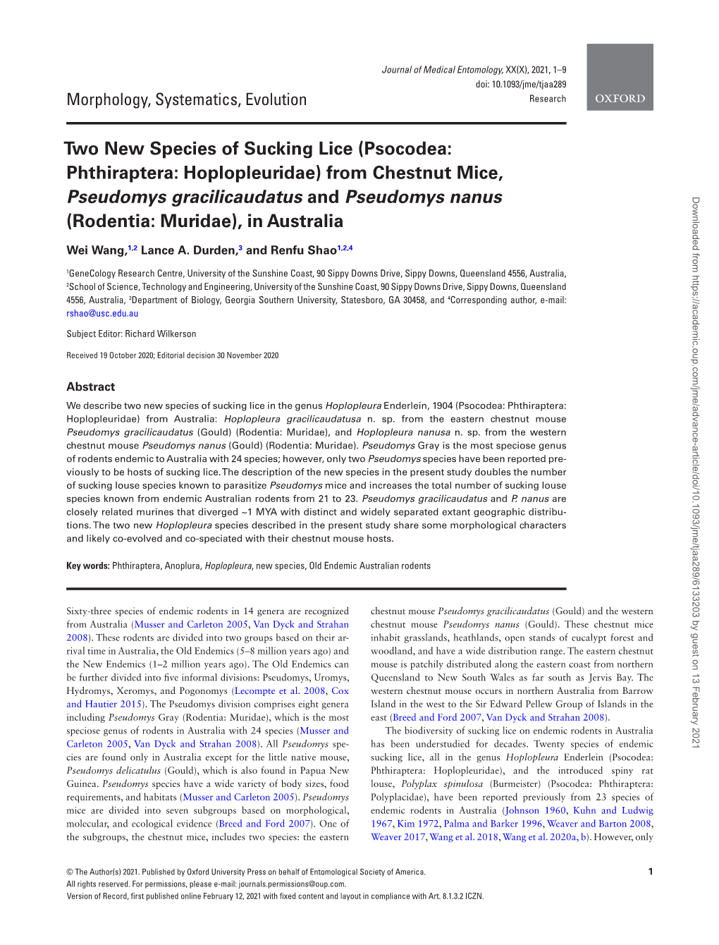 (Psocodea: Phthiraptera: Hoplopleuridae) from Chestnut Mice, Pseudomys Gracilicaudatus and Pseud