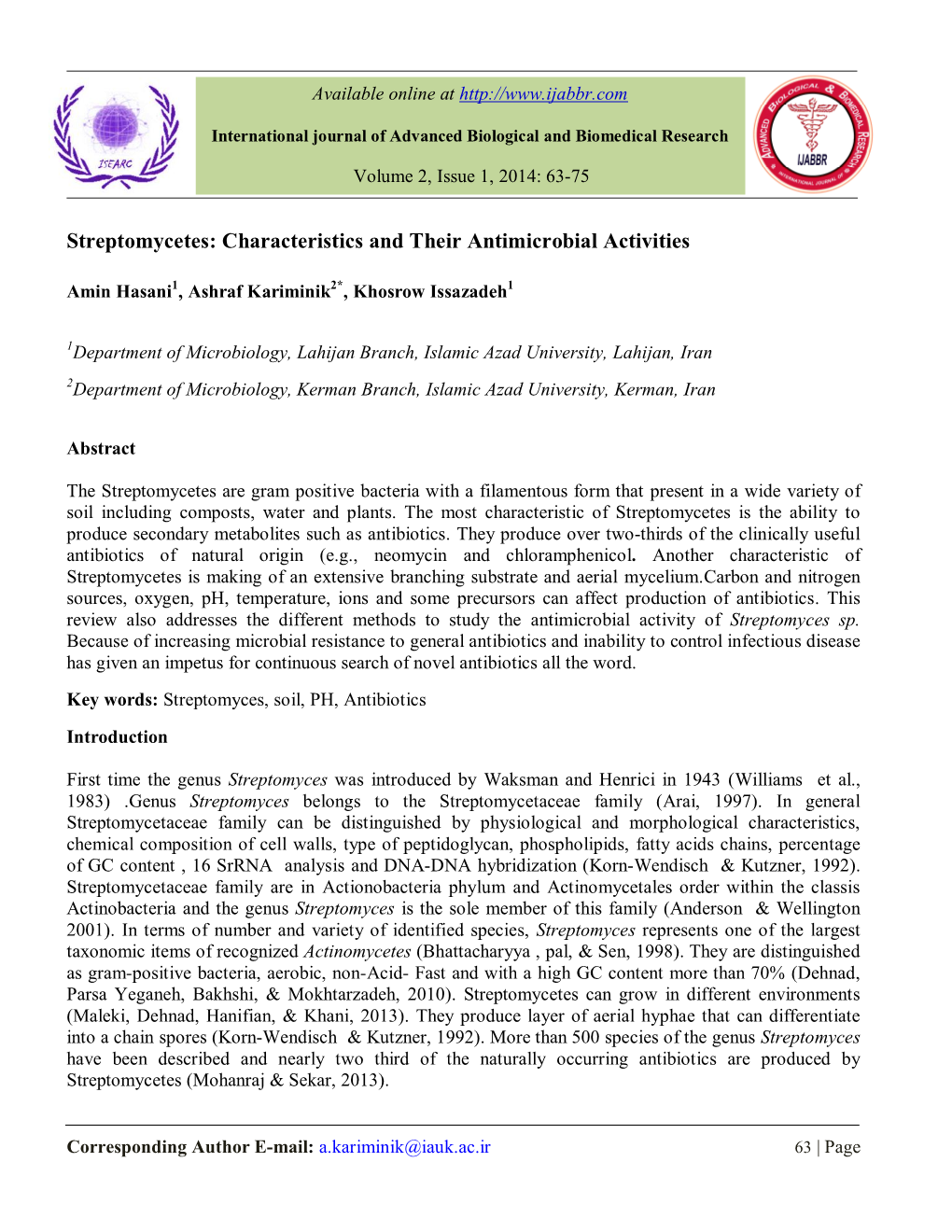 Streptomycetes: Characteristics and Their Antimicrobial Activities