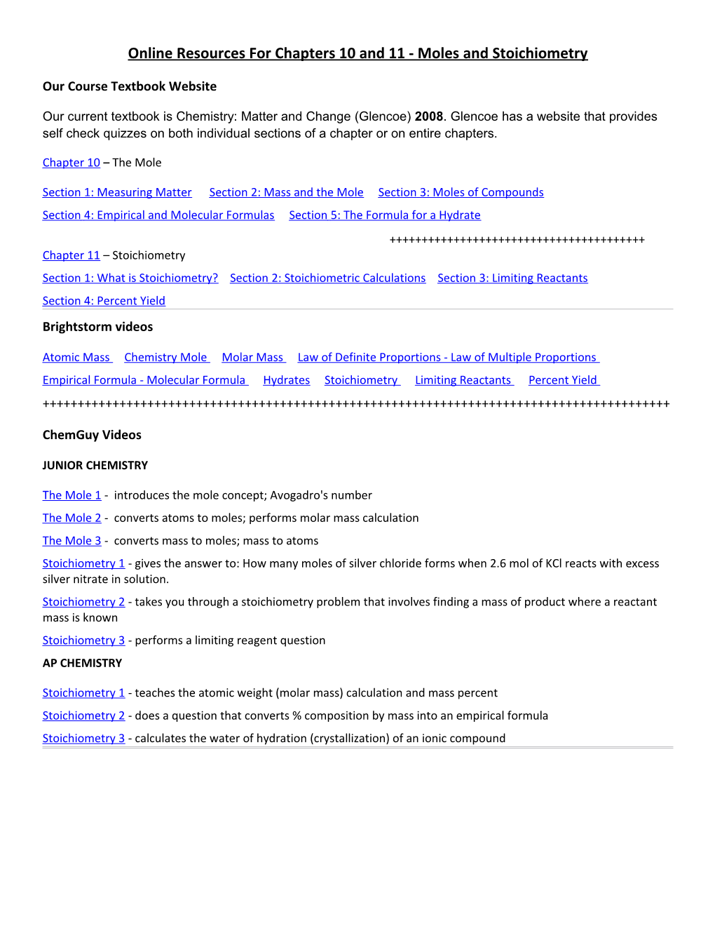 Online Resources for Chapters 10 and 11 - Moles and Stoichiometry