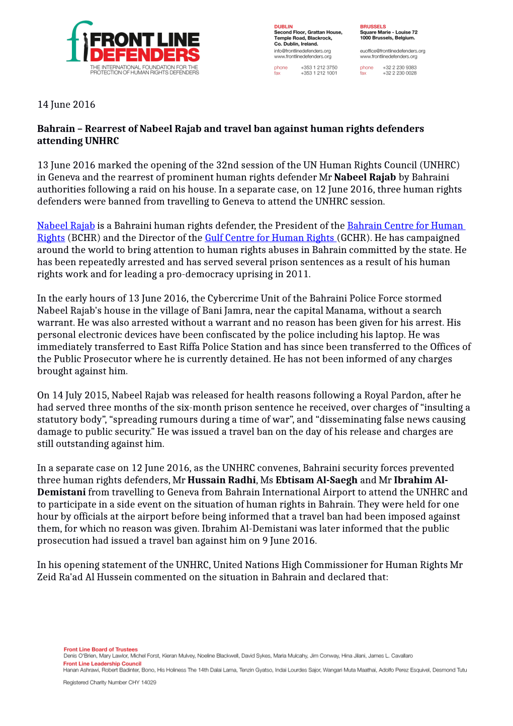 14 June 2016 Bahrain – Rearrest of Nabeel Rajab and Travel Ban Against Human Rights Defenders Attending UNHRC 13 June 2016