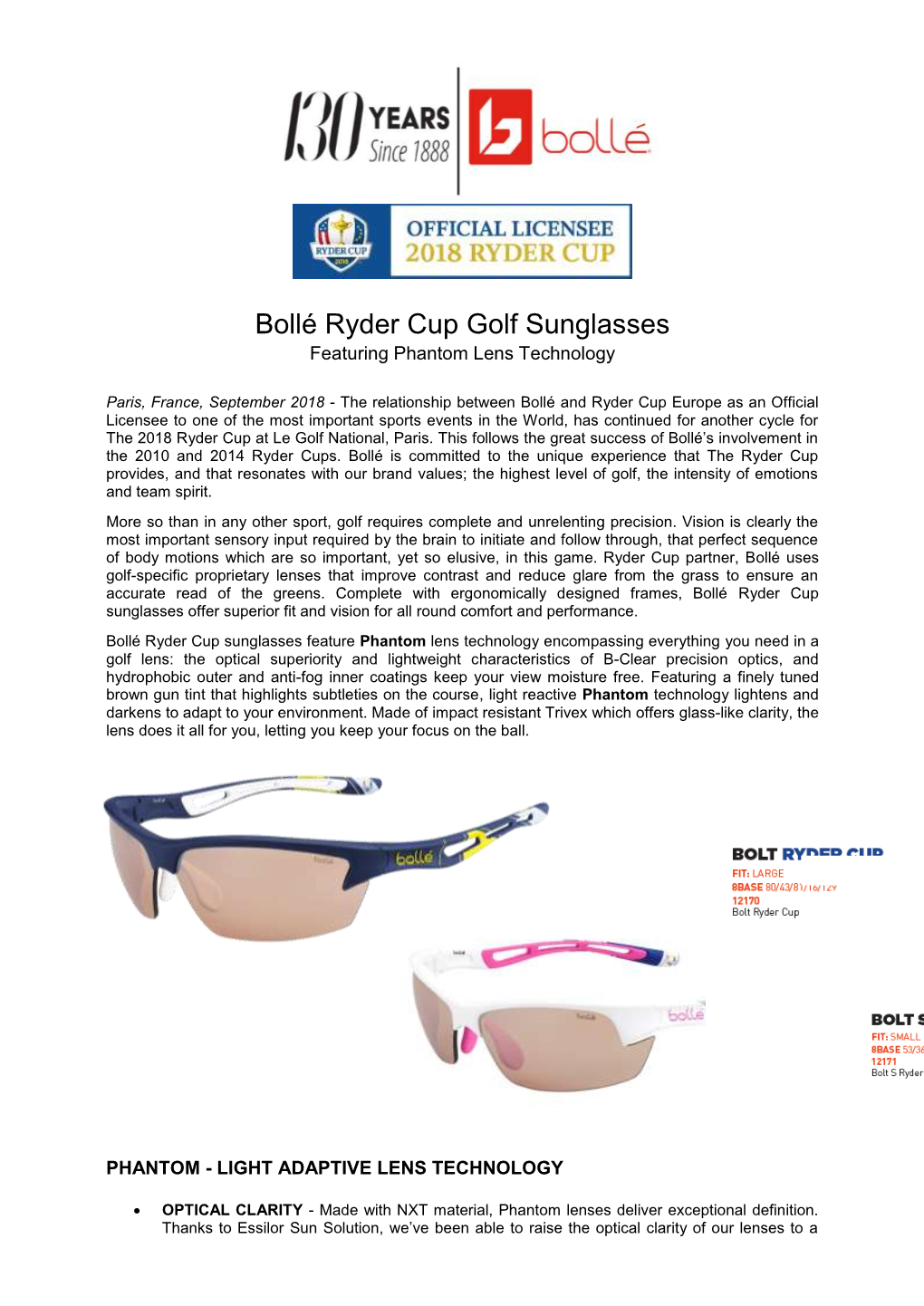 Bollé Ryder Cup Golf Sunglasses Featuring Phantom Lens Technology