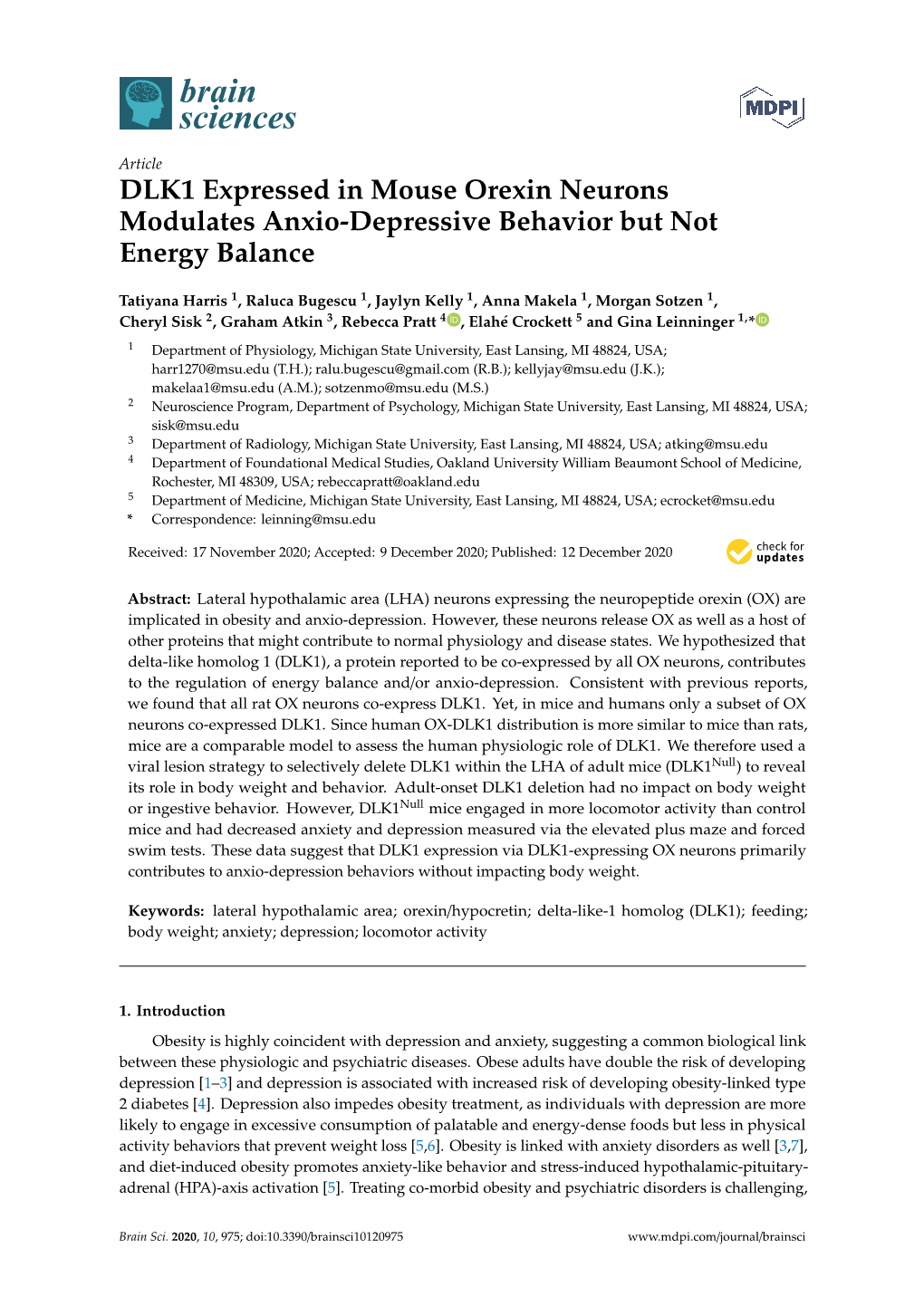 DLK1 Expressed in Mouse Orexin Neurons Modulates Anxio-Depressive Behavior but Not Energy Balance