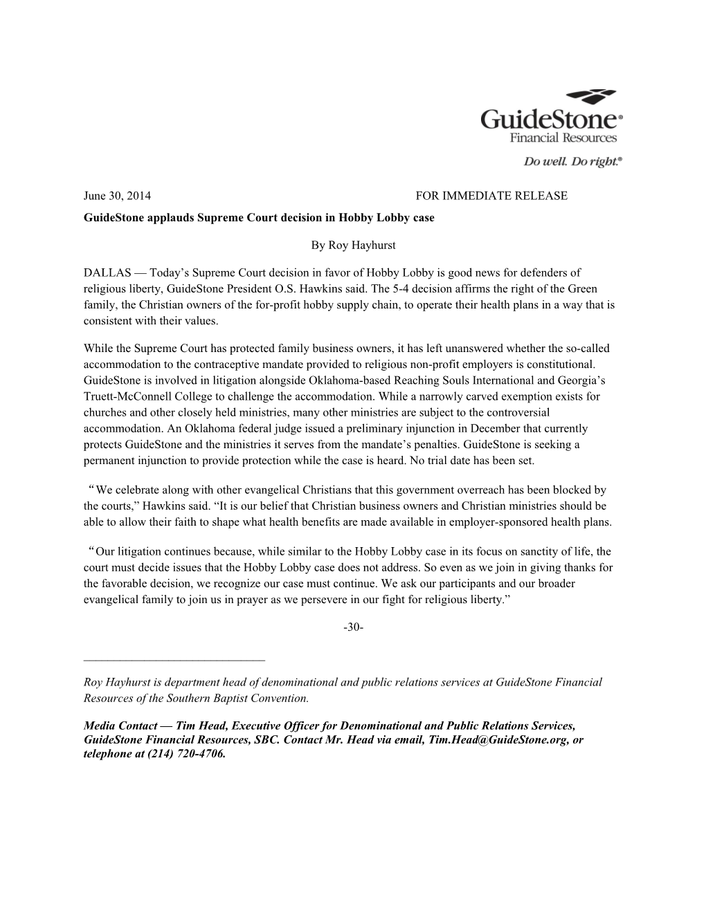 Guidestone Applauds Supreme Court Decision in Hobby Lobby Case