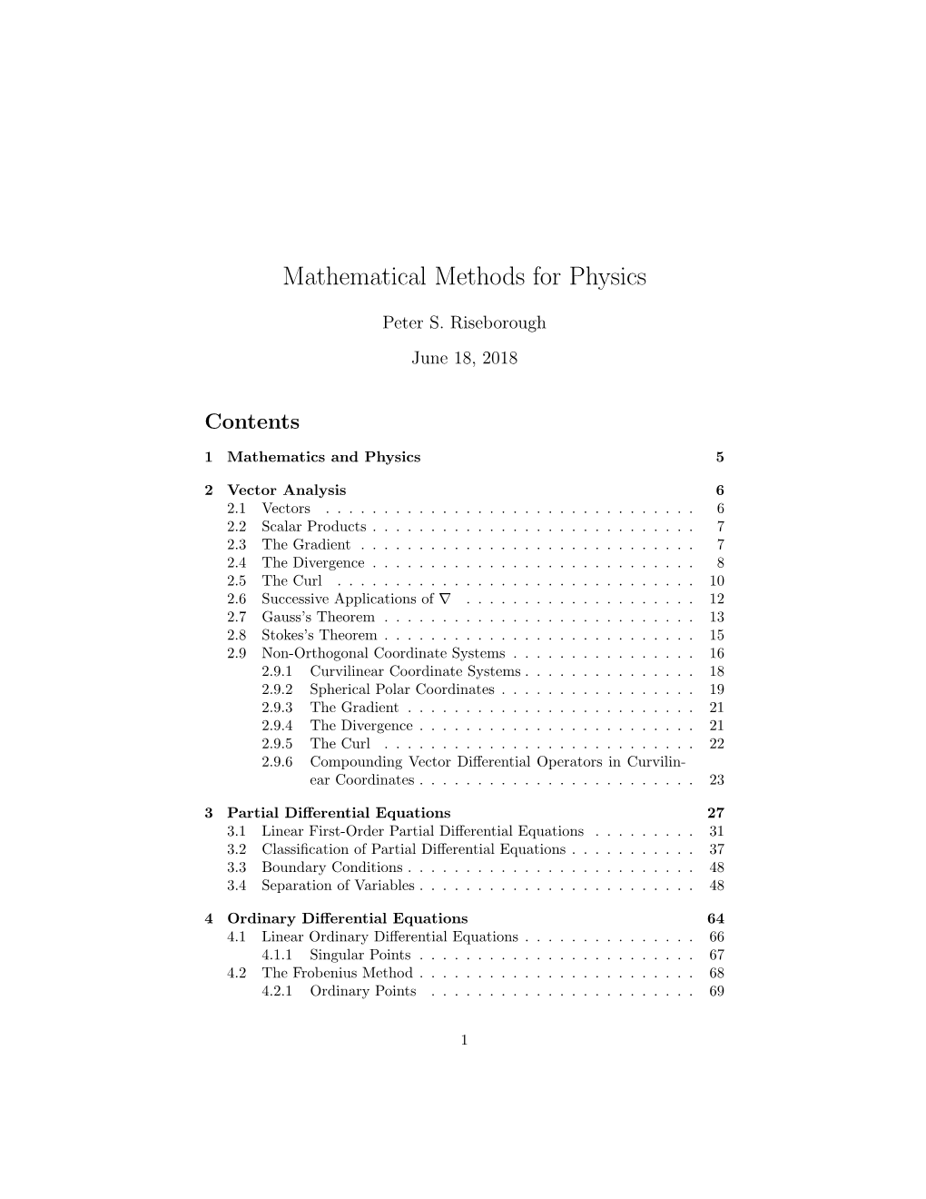 Mathematical Methods for Physics