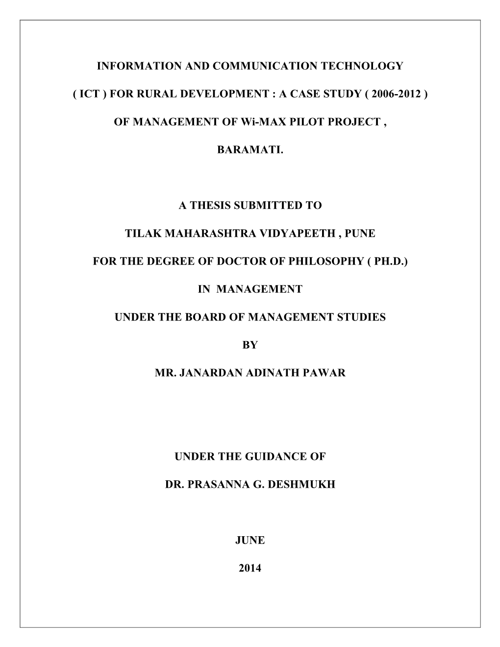 Ict ) for Rural Development : a Case Study ( 2006-2012