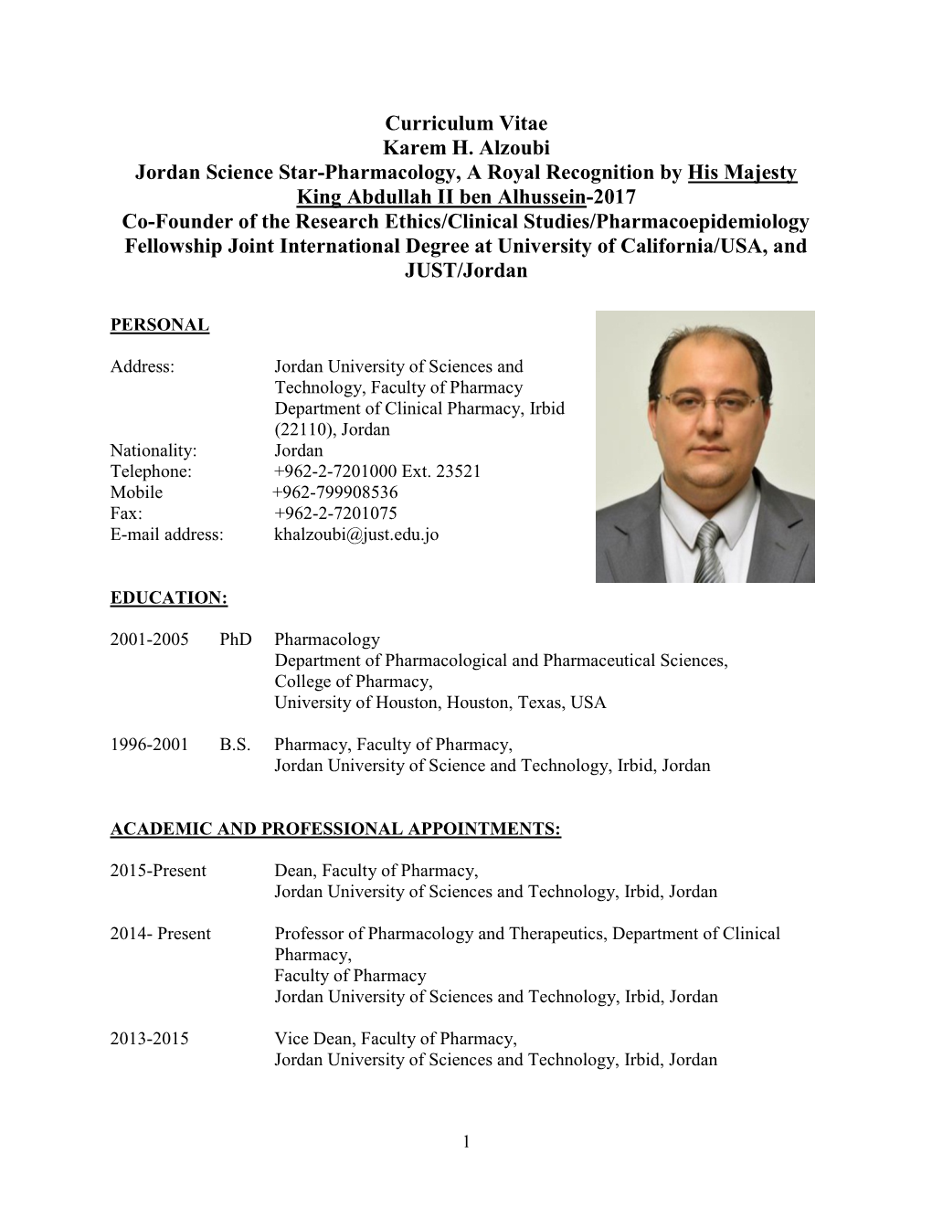 Curriculum Vitae Karem H. Alzoubi Jordan Science Star-Pharmacology