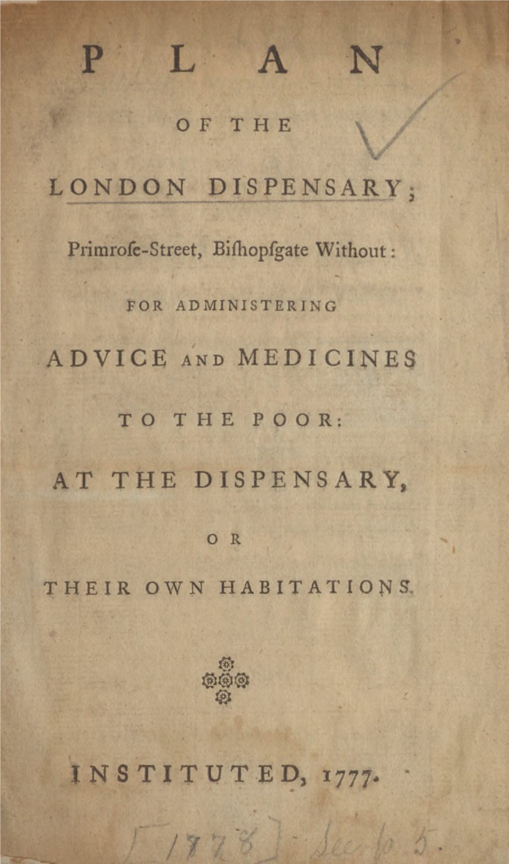 Plan of the London Dispensary, Primrose-Street, Bishopsgate Without