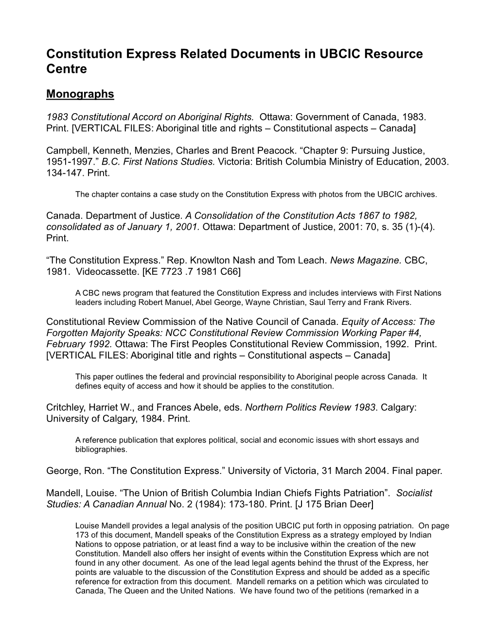 Constitution Express Related Documents in UBCIC Resource Centre