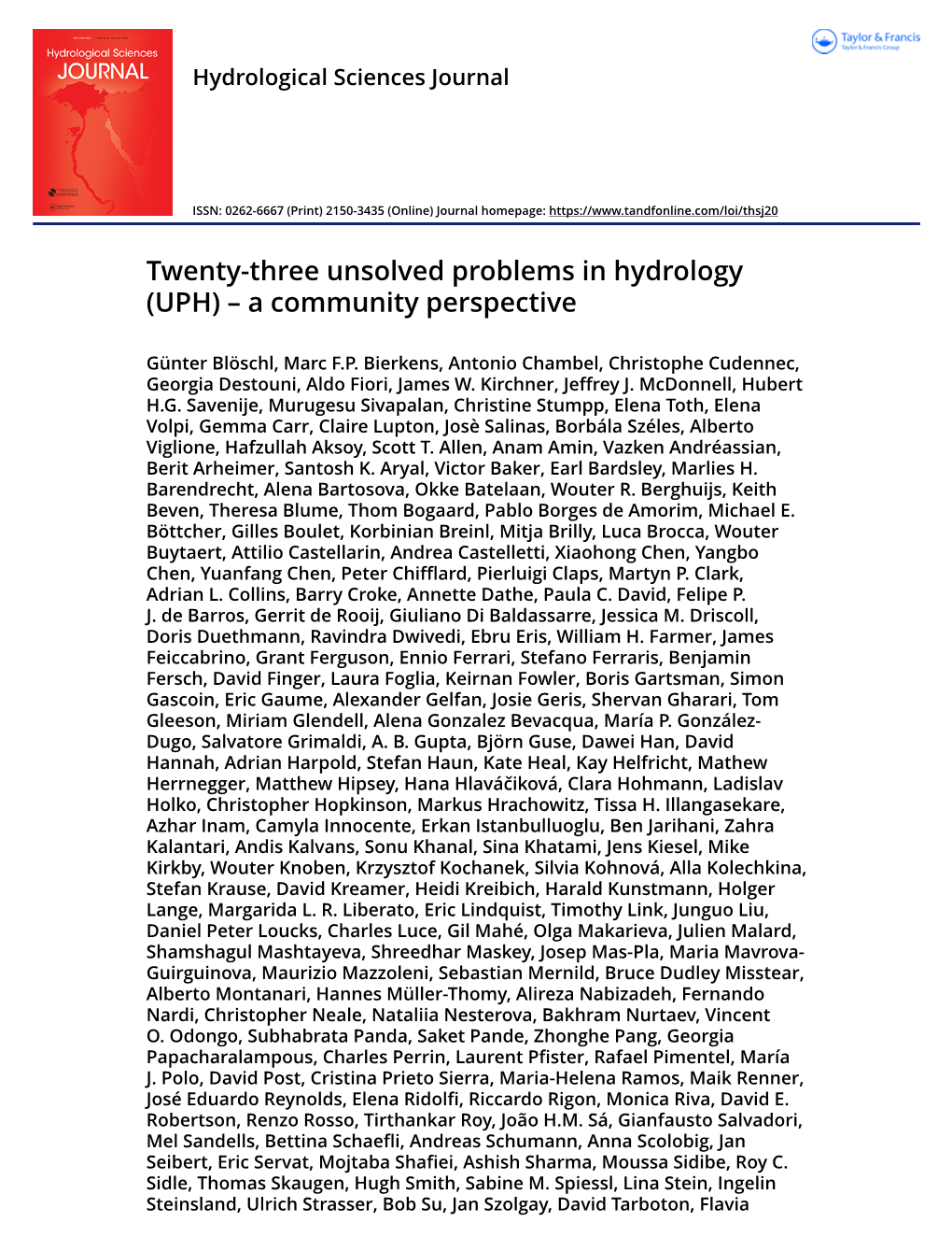 Twenty-Three Unsolved Problems in Hydrology (UPH) – a Community Perspective