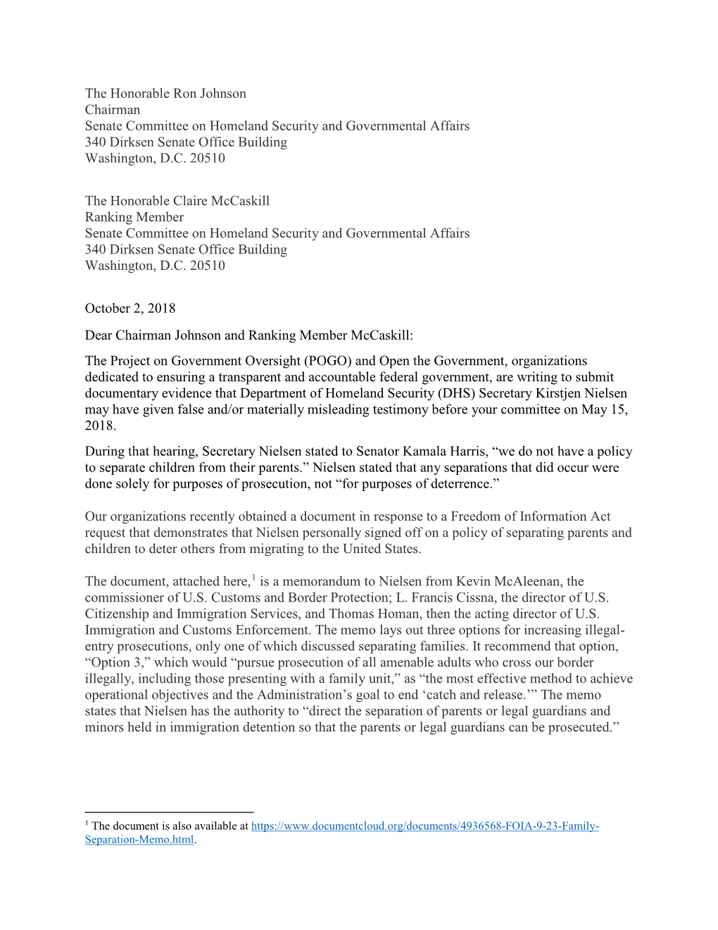 The Honorable Ron Johnson Chairman Senate Committee on Homeland Security and Governmental Affairs 340 Dirksen Senate Office Building Washington, D.C