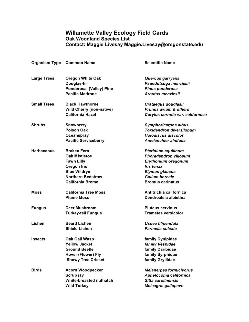 Willamette Valley Ecology Field Cards Oak Woodland Species List Contact: Maggie Livesay Maggie.Livesay@Oregonstate.Edu