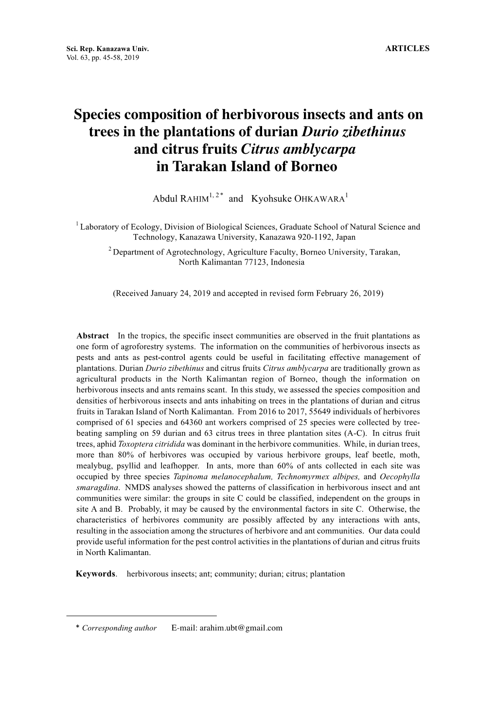 Species Composition of Herbivorous Insects and Ants on Trees in The