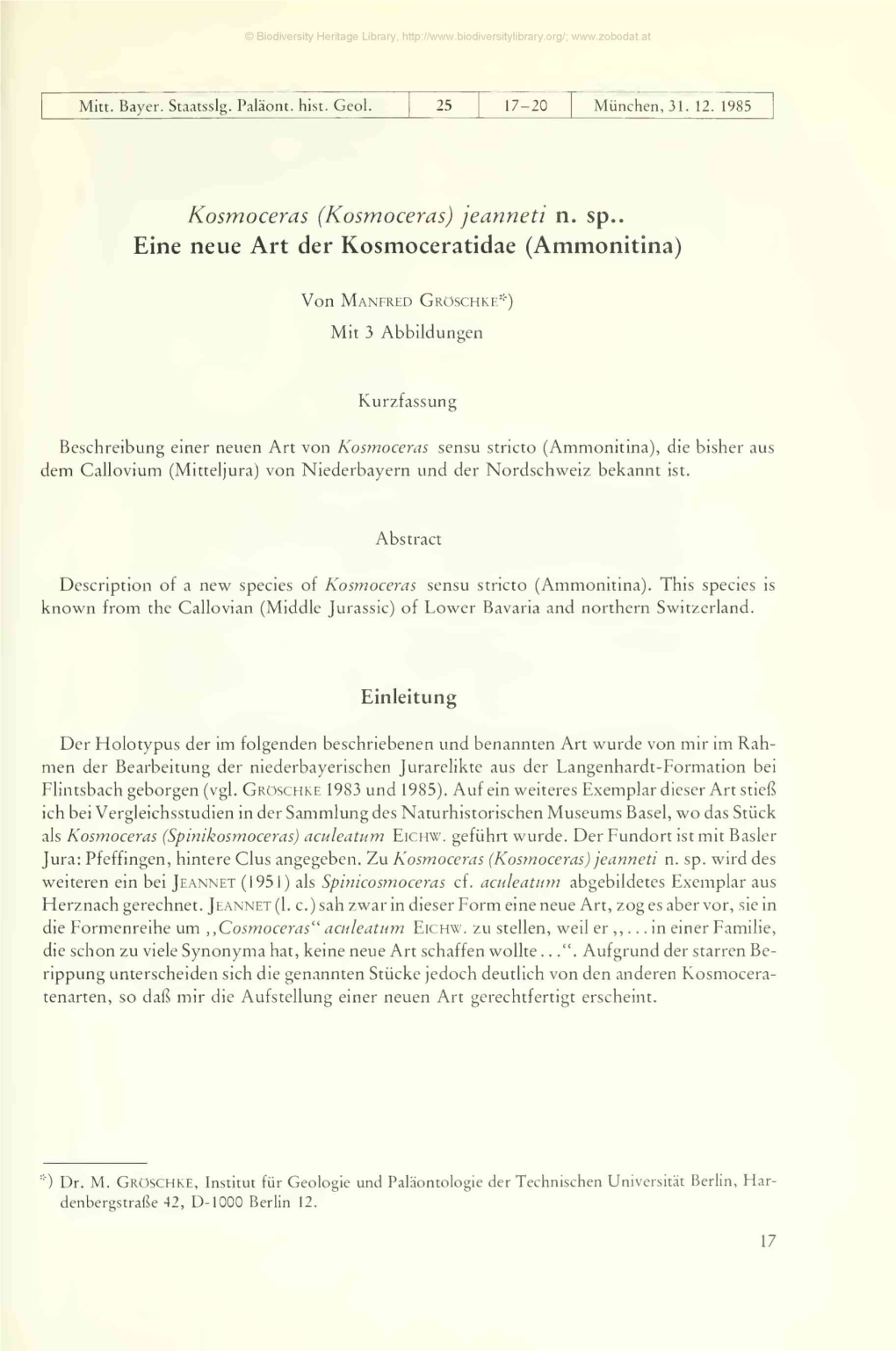 (Kosmoceras) Jeanneti N. Sp. . Eine Neue Art Der Kosmoceratidae