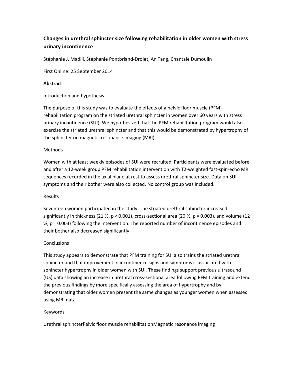 Changes in Urethral Sphincter Size Following Rehabilitation in Older Women with Stress Urinary Incontinence