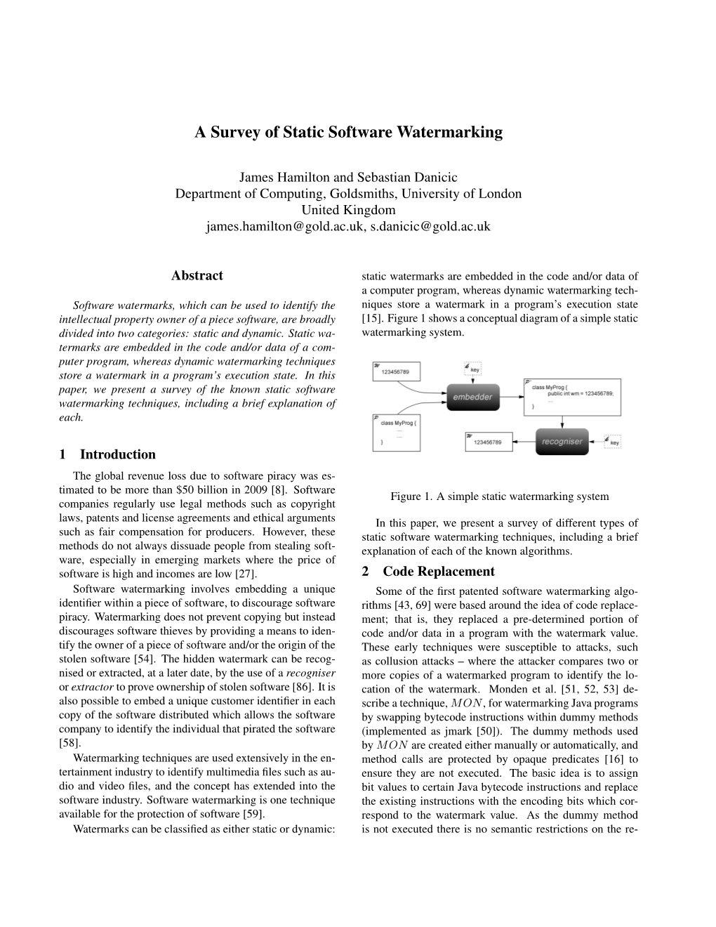 A Survey of Static Software Watermarking