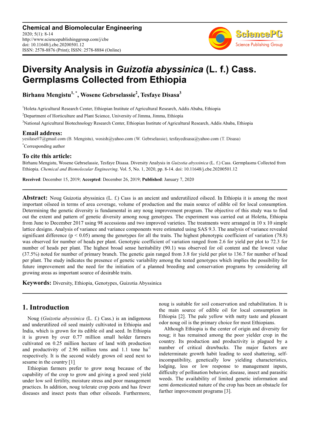 Diversity Analysis in Guizotia Abyssinica (L