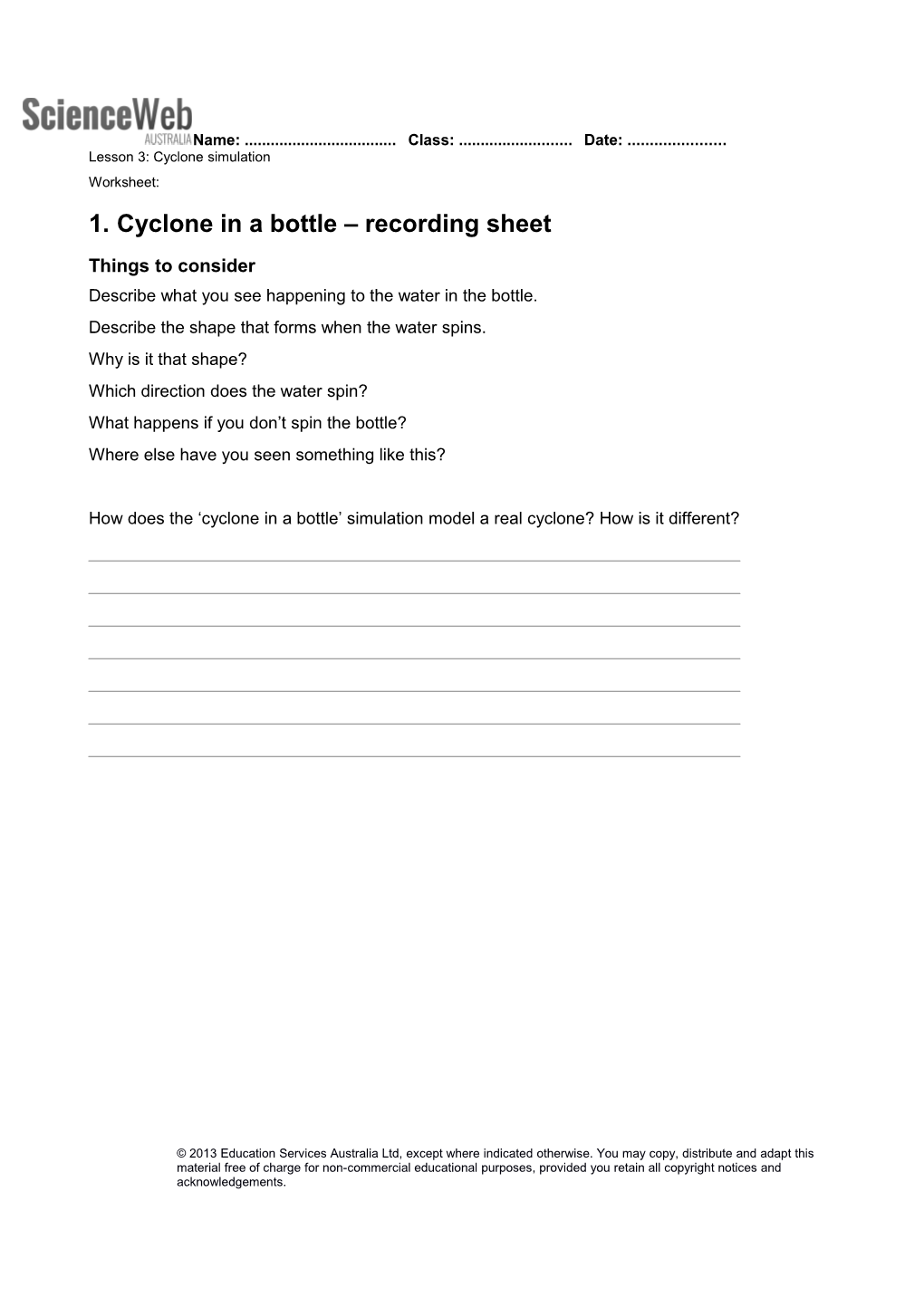 Cyclone in a Bottle Recording Sheet