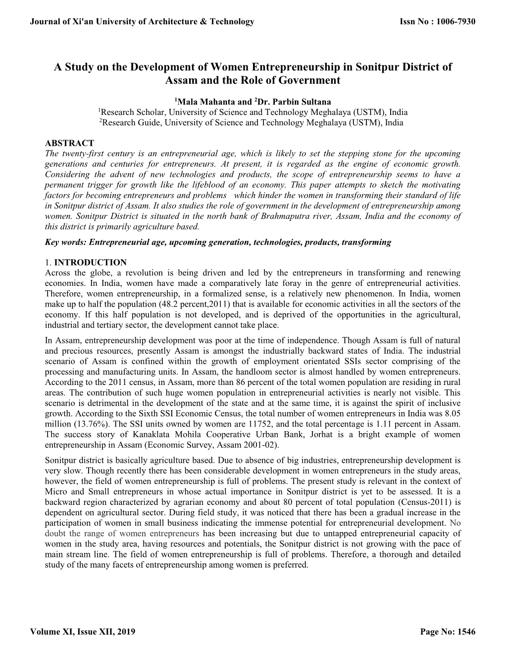 A Study on the Development of Women Entrepreneurship in Sonitpur District of Assam and the Role of Government