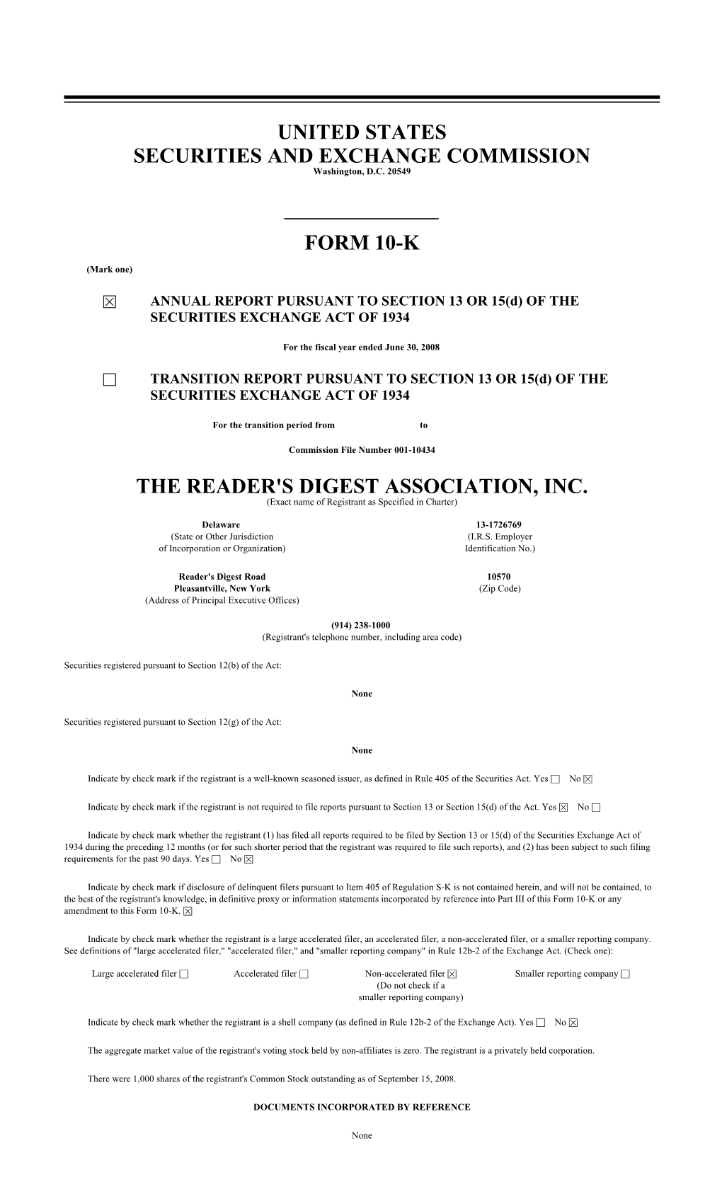 United States Securities and Exchange Commission Form 10-K the Reader's Digest Association, Inc